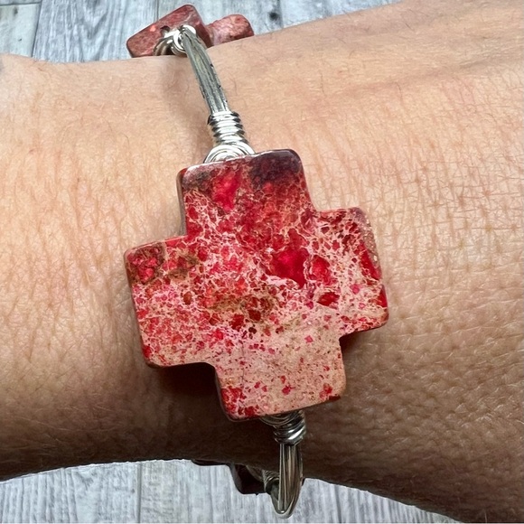 Artisan Stone Gem Bangle Wrist Bracelet Silver Toned Metal Wire Wrapped Handmade - Picture 4 of 10